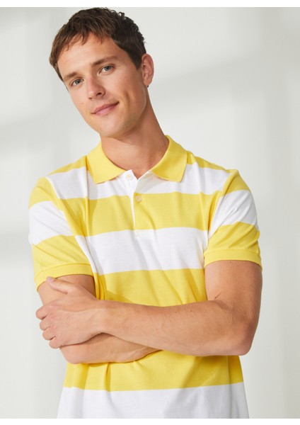 Çizgili Sarı - Beyaz Erkek Polo T-Shirt E-Vale modelleri