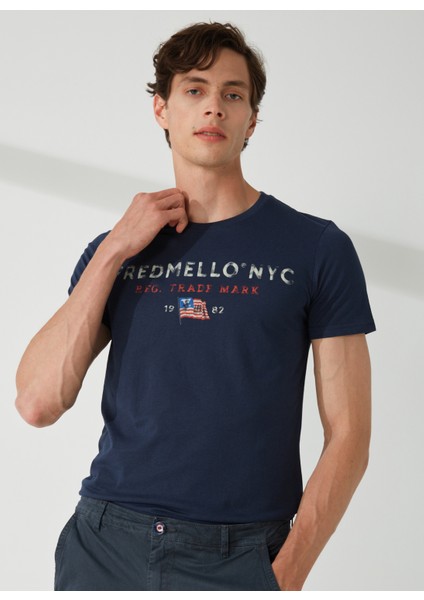 Bisiklet Yaka Mavi Erkek T-Shirt FM23S23TGBLUE