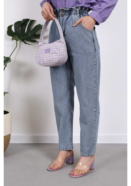 İmaj Butik Mavi Bel Lastikli Mom Jeans Pantolon