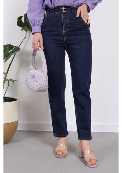 İmaj Butik Lacivert Bel Lastikli Mom Jeans Pantolon