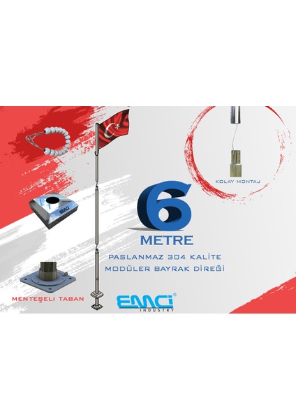6 Metre(Mt) 304 Kalite Modüler Paslanmaz Bayrak Direği