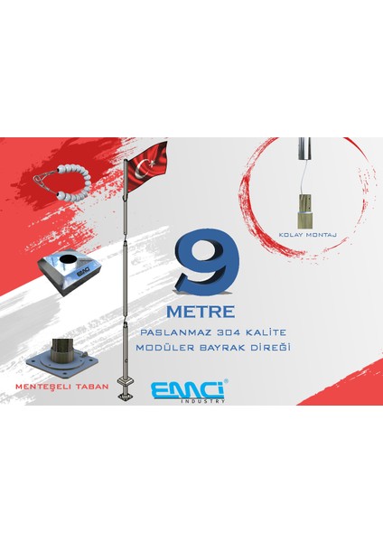 9 Metre (Mt) 304 Kalite Modüler Paslanmaz Bayrak Direği
