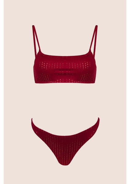 3506 Bordo Simli Bikini Takımı