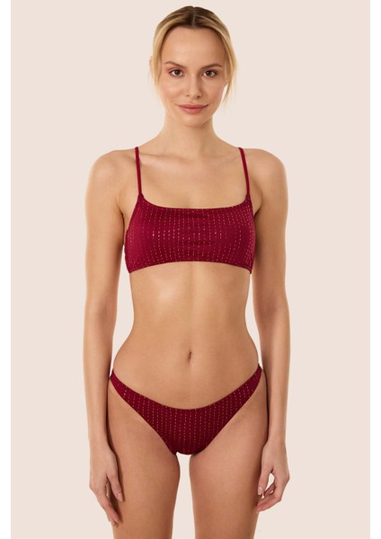 3506 Bordo Simli Bikini Takımı