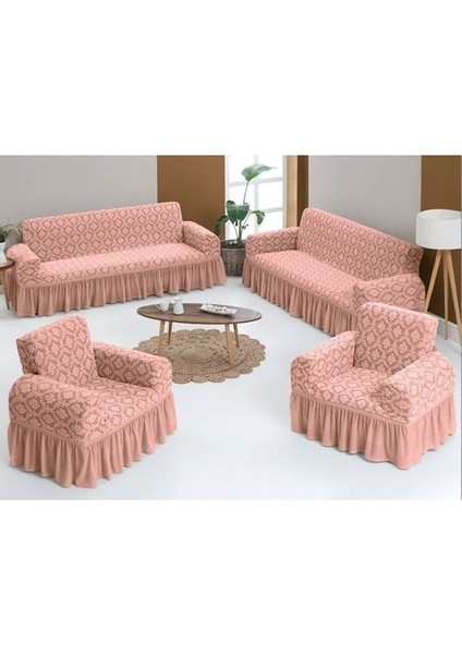 Esnek Yıkanabilir Pamuklu 3+3+1+1 Jakarlı Koltuk Örtüsü Takımı Koltuk Kılıfı Pudra