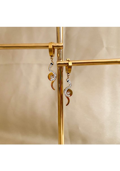 Taşlı Gold Yılan Küpe