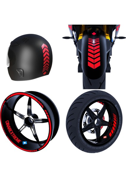 Moto Rider 4'lü Sticker Seti Reflektif Kırmızı Iç Dış Jant Şeridi Kask ve Çamurluk Çınar Extreme