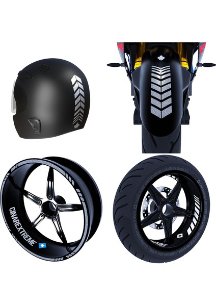 Moto Rider 4'lü Sticker Seti Yaldızlı Gümüş Iç Dış Jant Şeridi Kask ve Çamurluk Çınar Extreme