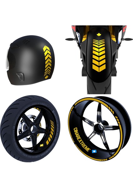 Moto Rider 4'lü Sticker Seti Yaldızlı Gold Iç Dış Jant Şeridi Kask ve Çamurluk Çınar Extreme