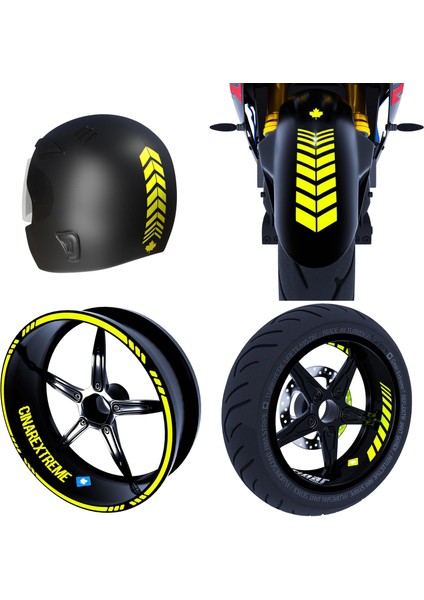 Moto Rider 4'lü Sticker Seti Floresan Sarı Iç Dış Jant Şeridi Kask ve Çamurluk Çınar Extreme