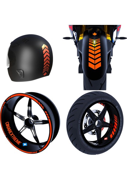 Moto Rider 4'lü Sticker Seti Floresan Turuncu Iç Dış Jant Şeridi Kask ve Çamurluk Çınar Extreme