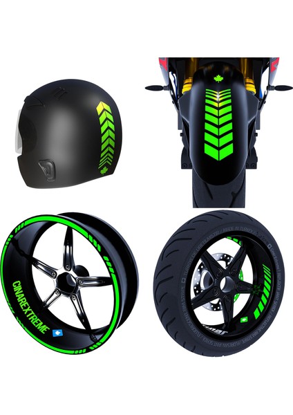 Moto Rider 4'lü Sticker Seti Floresan Yeşil Iç Dış Jant Şeridi Kask ve Çamurluk Çınar Extreme