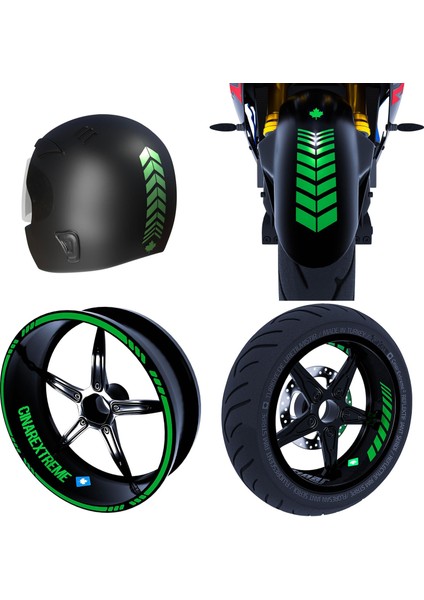 Moto Rider 4'lü Sticker Seti Orman Yeşili Iç Dış Jant Şeridi Kask ve Çamurluk Çınar Extreme