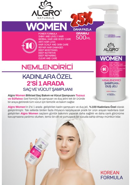 Kadınlara Özel 2' in 1 Women Bitkisel Saç Bakım ve Vücut Şampuanı Tuzsuz ve Sülfatsız 500 ml