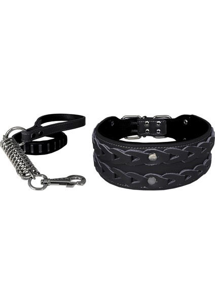 Elegance Deri Işlemeli Lüks Köpek Tasma Seti Xl 7 Cm*60-68 cm Siyah