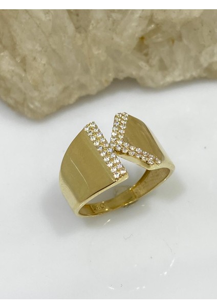 14 Ayar Altın K Harfli Üst Kalite Trend Harf Yüzük modelleri