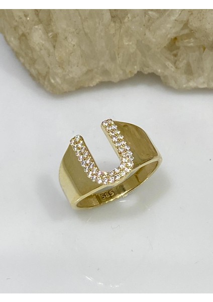 14 Ayar Altın U Harfli Üst Kalite Trend Harf Yüzük modelleri