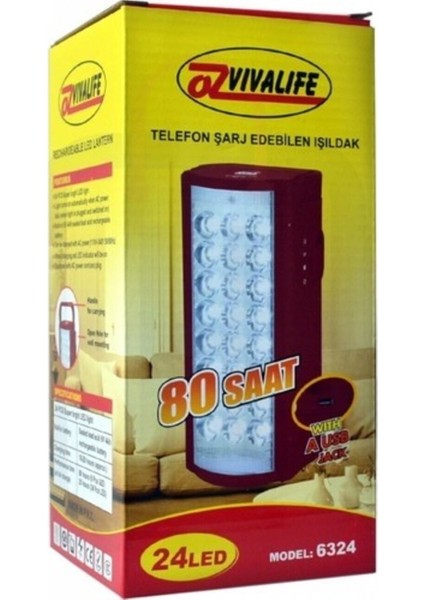 USB Şarj Çıkışlı 24 LED 80 Saat Akülü Şarjlı Işıldak (3791)