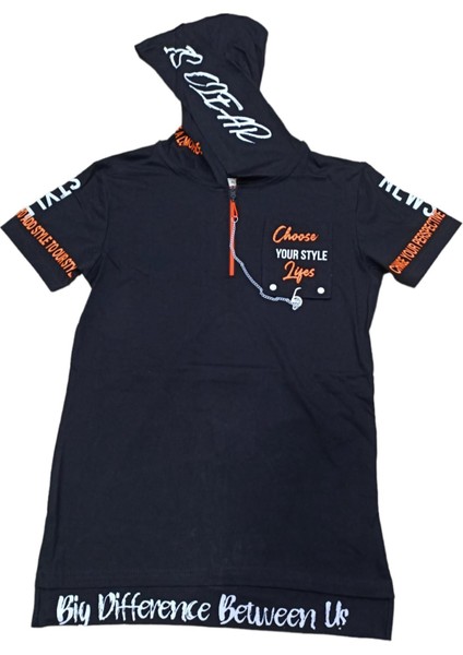 Erkek Çocuk Zincir Aksesuarlı Fermuarlı Kapüşonlu Çift Taraf Yazı Desenli Tişört