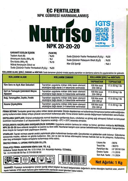 Nutrisol Nutriso (20-20-20 Yaprak Gübresi) Harmanlanmış Npk Gübresi 1 kg fiyatları