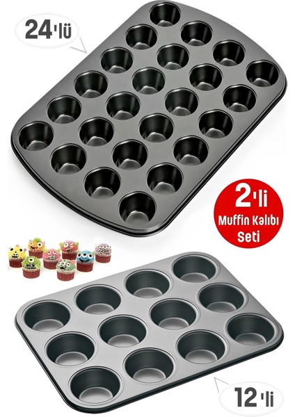 Tilbe Home Mini Muffin Kalıbı 24'lü + Büyük Cupcake Kek Kapsülü Fırın Kalıbı 12'li