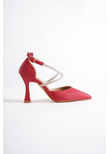 Kalice Kırmızı Saten Stiletto Taşlı Abiye Ayakkabı