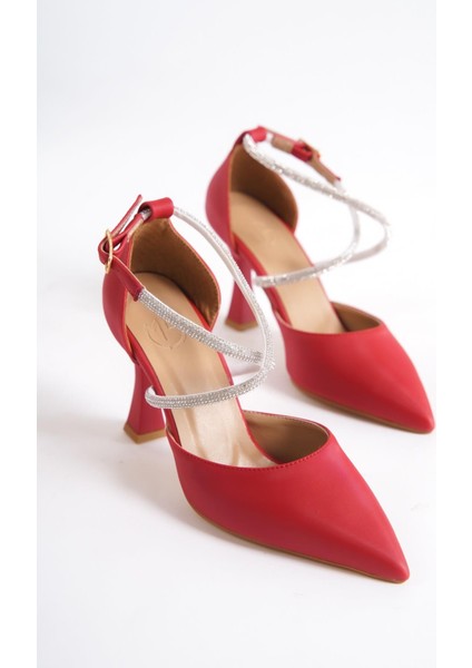 Kalice Kırmızı Saten Stiletto Taşlı Abiye Ayakkabı