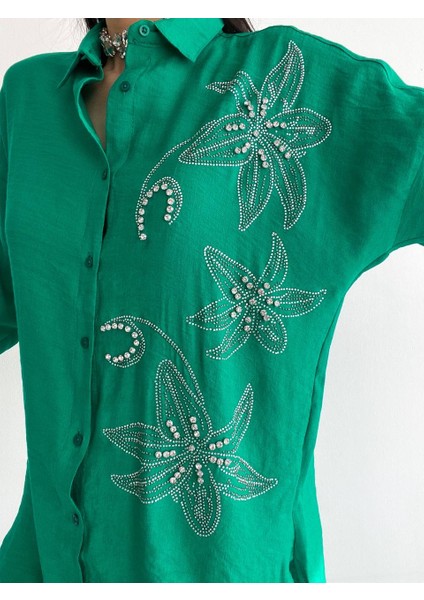 Yeşil Taşlı Makine Nakış Işlemeli Taş Dekorlu Önden Düğmeli Stil Tarz Gömlek fiyatları