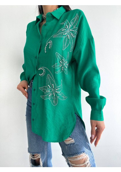 Yeşil Taşlı Makine Nakış Işlemeli Taş Dekorlu Önden Düğmeli Stil Tarz Gömlek