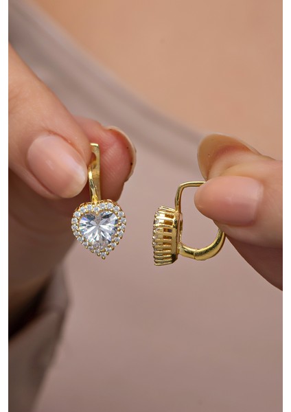 925 Ayar Gümüş Gold Kaplama J Model Tektaş Kalp Küpe