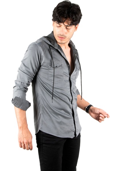 Kapüşonlu Cepli Slim Fit Likralı Kot Gömlek 2300396