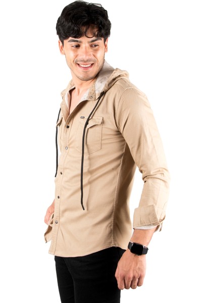 Kapüşonlu Cepli Slim Fit Likralı Kot Gömlek 2300396