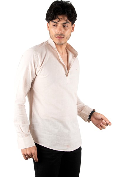 Yarım Düğmeli Çizgi Desenli Hakim Yaka Flamlı Keten Uzun Kollu Erkek Gömlek 2201914