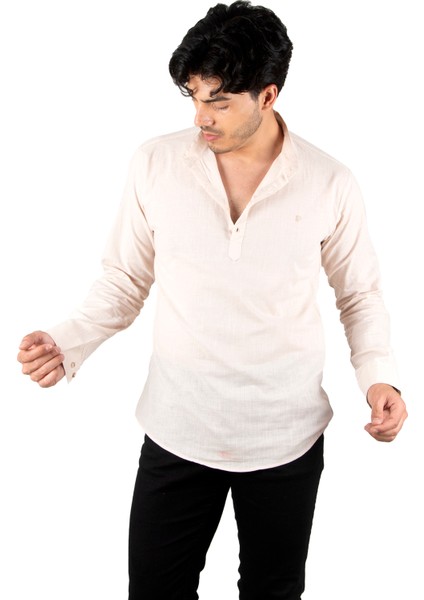 Yarım Düğmeli Çizgi Desenli Hakim Yaka Flamlı Keten Uzun Kollu Erkek Gömlek 2201914 fiyatları