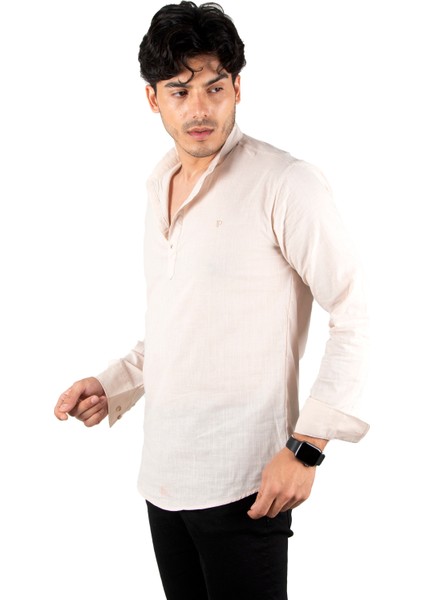 Yarım Düğmeli Çizgi Desenli Hakim Yaka Flamlı Keten Uzun Kollu Erkek Gömlek 2201914 fırsatları