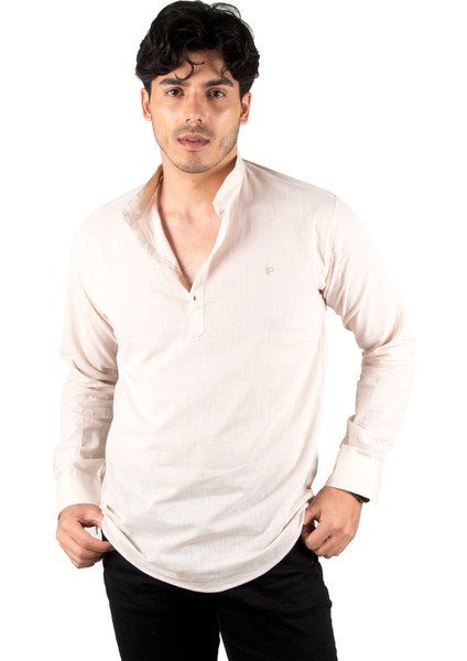 Yarım Düğmeli Çizgi Desenli Hakim Yaka Flamlı Keten Uzun Kollu Erkek Gömlek 2201914 indirimleri