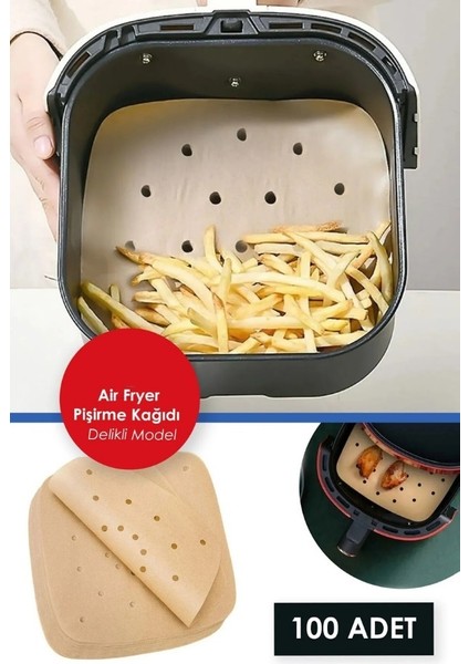 Airfryer Pişirme Kağıdı Kare 100 Adet Delikli Model Tek Kullanımlık Hava Fritöz Yapışmaz Yağlı Kağıt