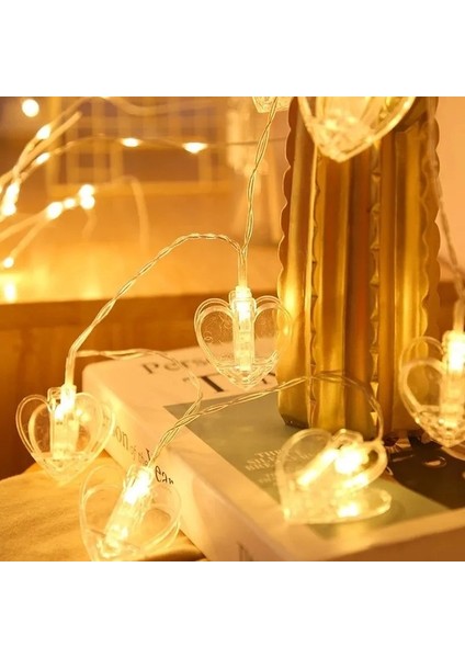 Heart Photo Clip String LED Warm Light Gün Işığı Pilli Kalpli Mandal LED Işık 2 Metre Gün Işığı LED