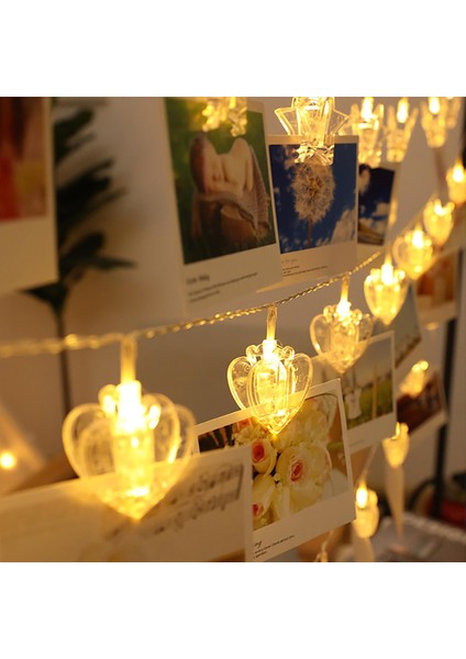 Heart Photo Clip String LED Warm Light Gün Işığı Pilli Kalpli Mandal LED Işık 2 Metre Gün Işığı LED
