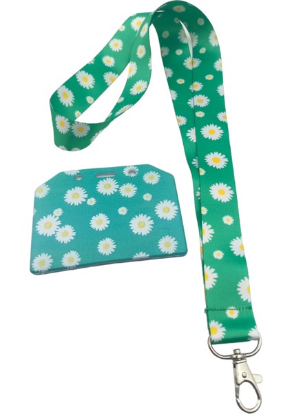 Ciccibicci Shop Yeşil Zeminli Papatya Boyun Askı İpi Ve Silikon Dikey Kart Tutucu