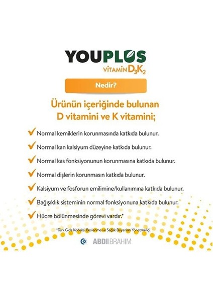 Youplus D3K2 Vitamin 20 ml Da mla Abdi Ibrahim fiyatları