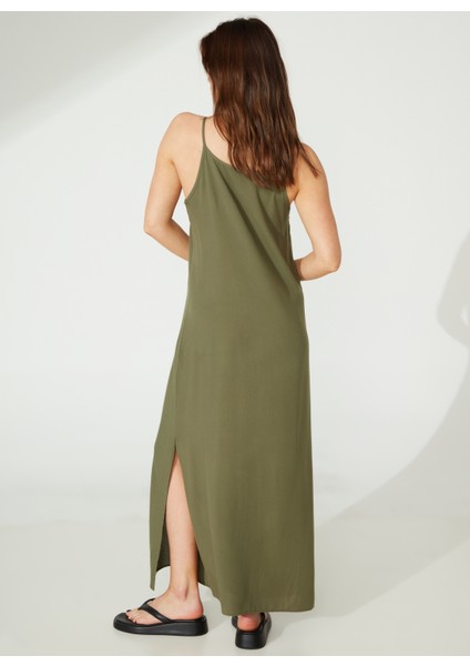 Kare Yaka Düz Haki Maksi Kadın Elbise Harlem indirimleri