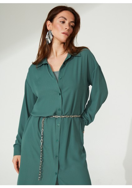 Gömlek Yaka Düz Açık Haki Midi Kadın Elbise Mikro