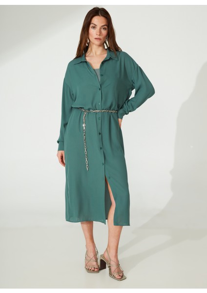 Gömlek Yaka Düz Açık Haki Midi Kadın Elbise Mikro modelleri