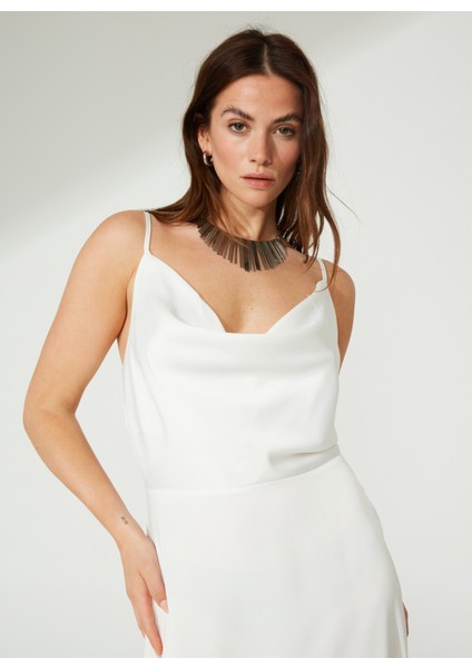 Degaje Yaka Düz Ekru Midi Kadın Elbise West