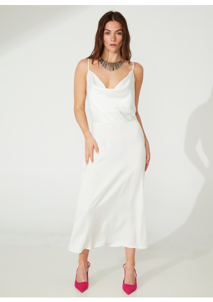 Degaje Yaka Düz Ekru Midi Kadın Elbise West modelleri