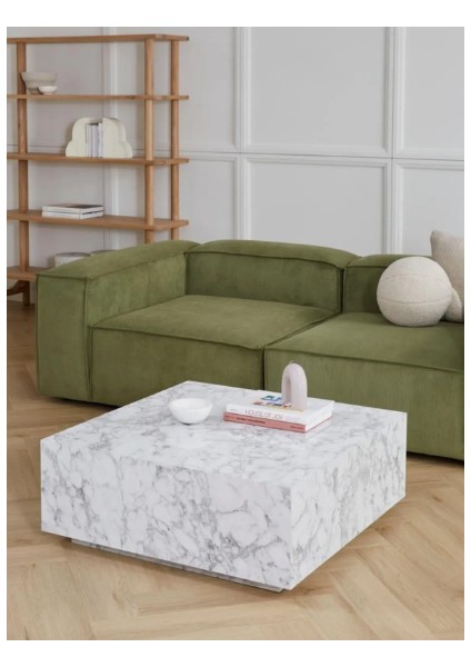 %100 Ahşap Mermer Görünümlü Beyaz Pietra Orta Sehpa