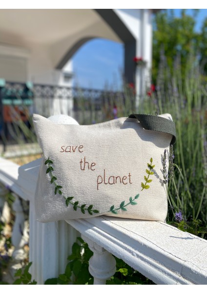 Save Planet Nakışlı ham keten omuz Çantası