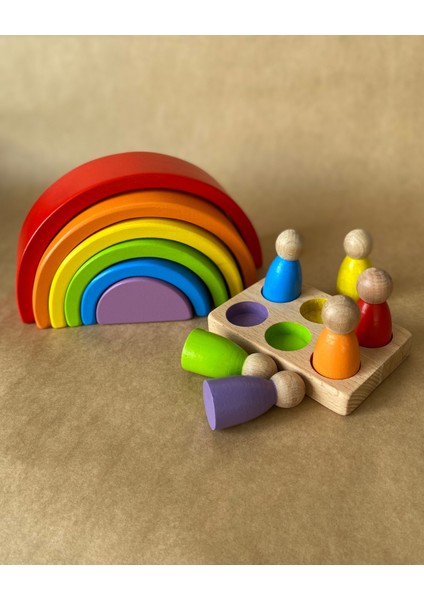 Waldorf 6 Parçalı Gökkuşağı, 6 Lı Peg Bebek Tabla Seti Pastel Renk Eşleştirme