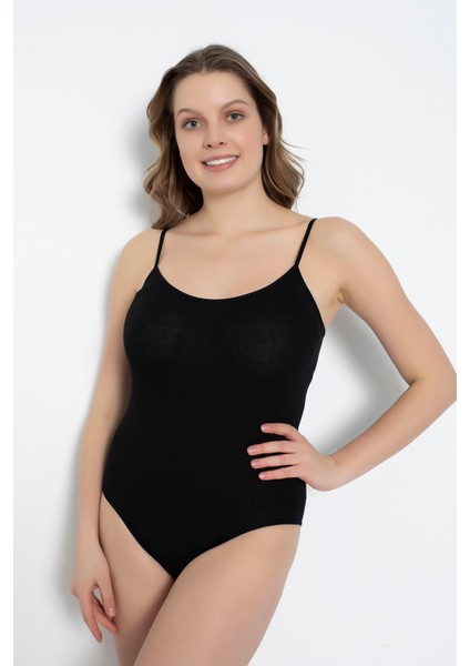 2 Adet Penye Likralı Süprem Siyah Renk Ip Askı Kancalı Badi - Bodysuits- 590